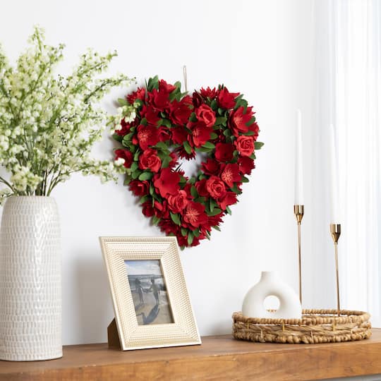 15" Red Mixed Floral Artificial Valentine's Day Heart Wreath